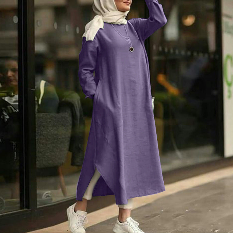 Simple Solid Color Long Sleeve Round Neck Midi Dress