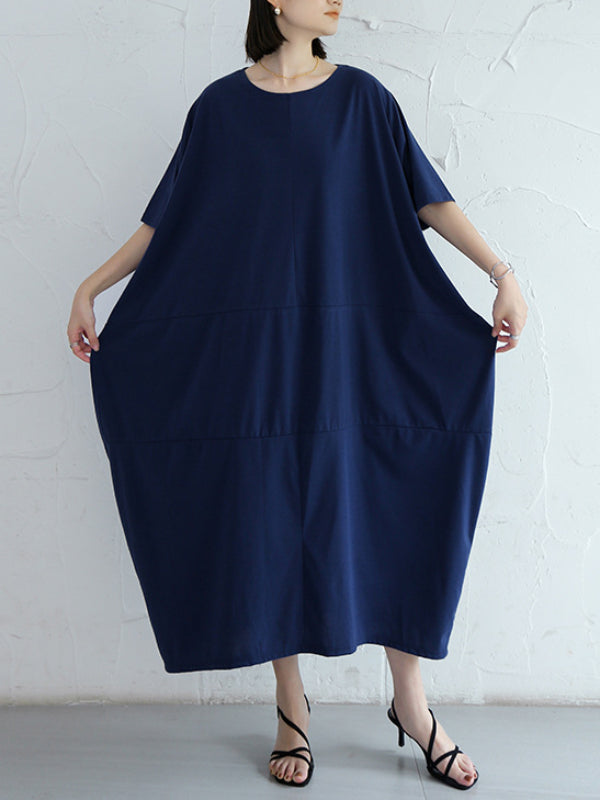 Loose Solid Round Neck Bat Sleeve Maxi Dress With Pocket