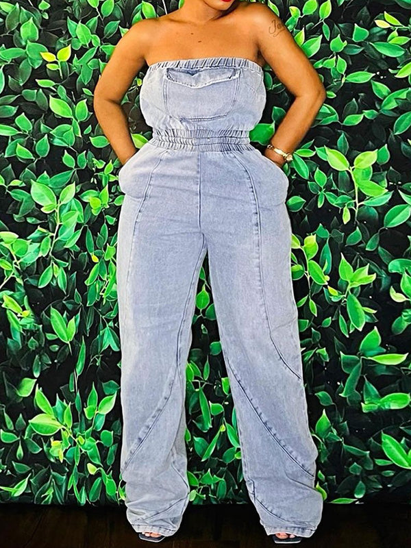 Sleeveless Straight Leg Elasticity Pleated Pockets Split-Joint Tube Jumpsuits