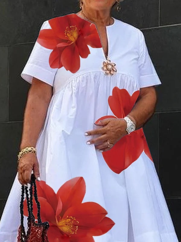 A-Line Loose Flower Print Pleated V-Neck Midi Dresses