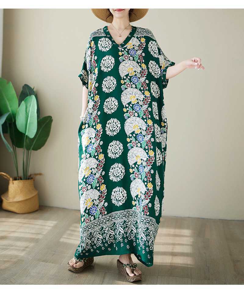 Retro Printed V-Neck Short Sleeve Maxi Dress