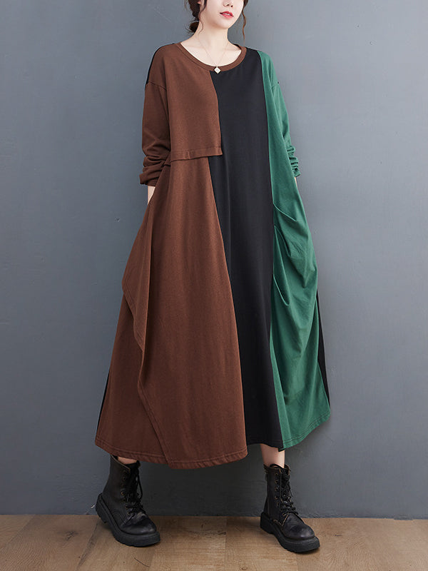 Loose Color Blocking Splicing Round Neck Midi Dress