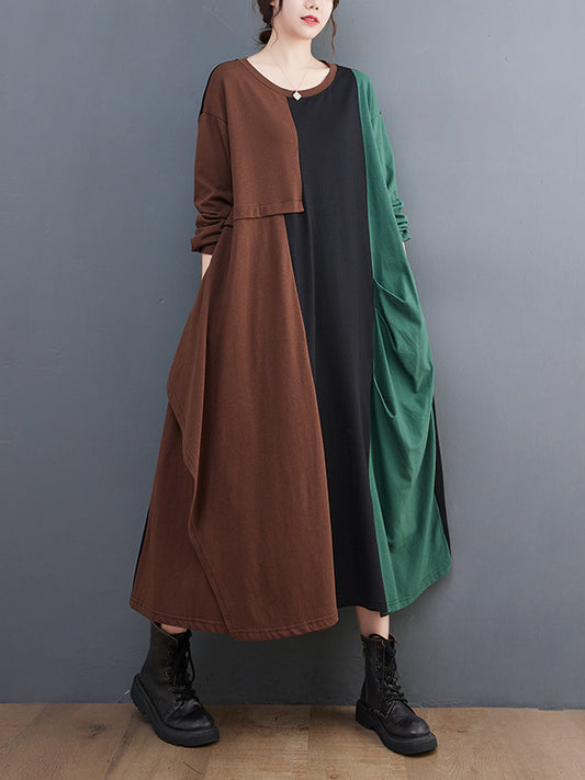 Loose Color Blocking Splicing Round Neck Midi Dress