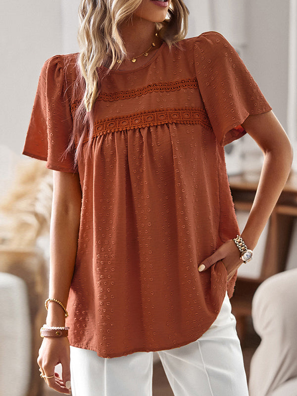 Loose Short Sleeves Hollow Jacquard Pleated Solid Color Split-Joint Round-Neck T-Shirts Tops