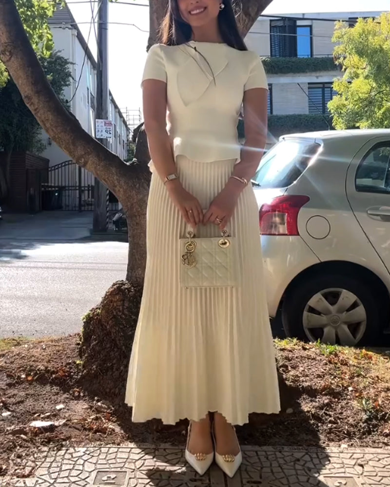 Elegant Lace-Up Top & Pleated Skirt Two-Piece Set