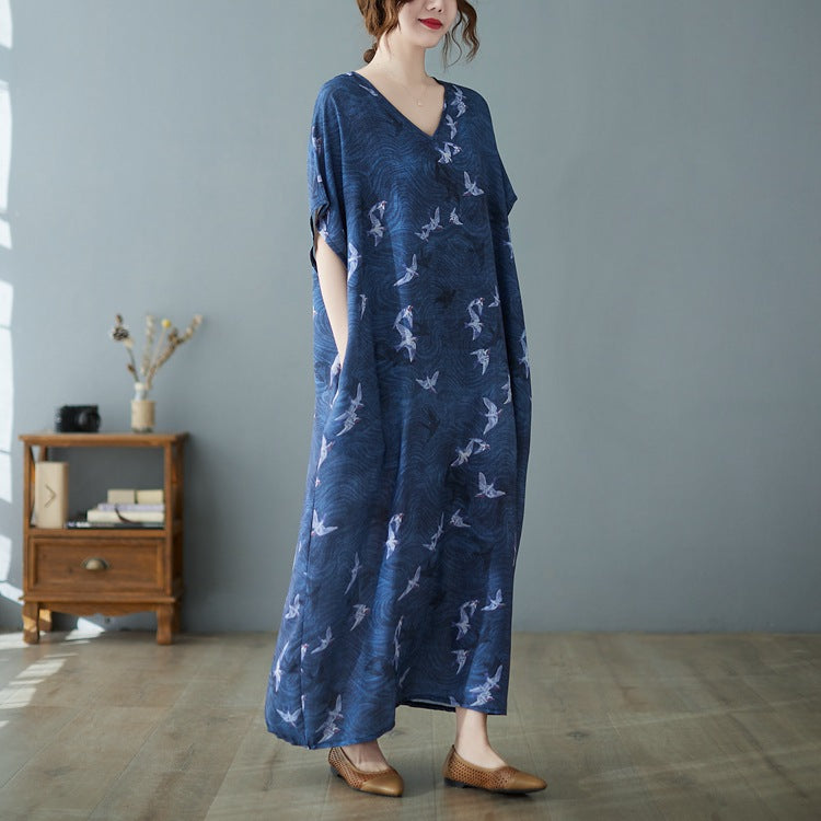 Vintage Print V-neck Short Sleeve Maxi Dress