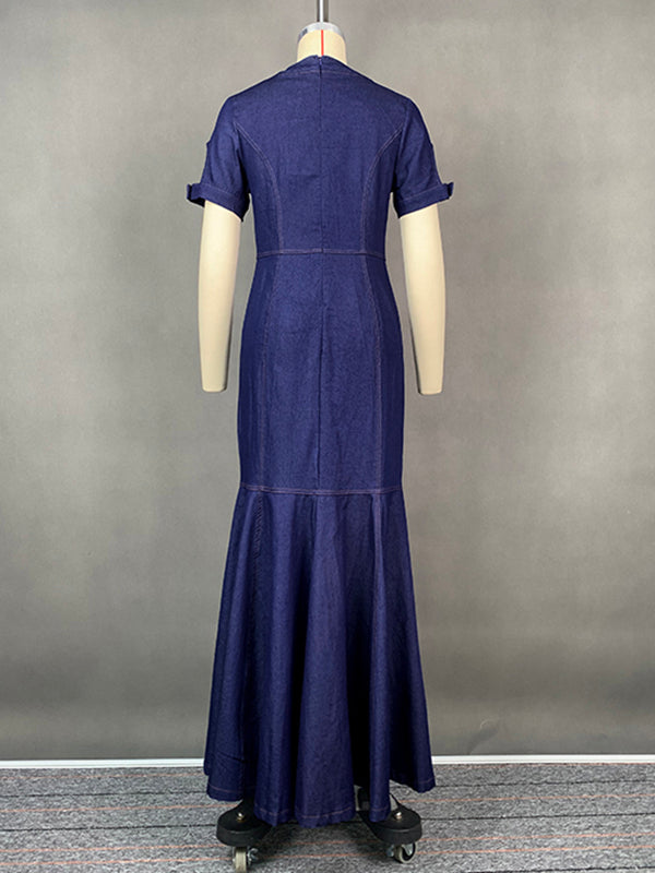 Bodycon Mermaid Buttoned Hollow Split-Joint Round-Neck Maxi Dresses