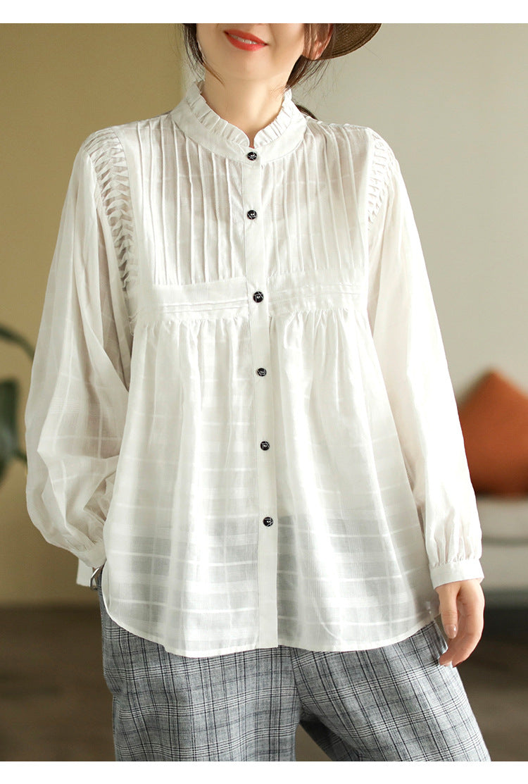 Literary Splicing Bubble Sleeve Cotton Shirt