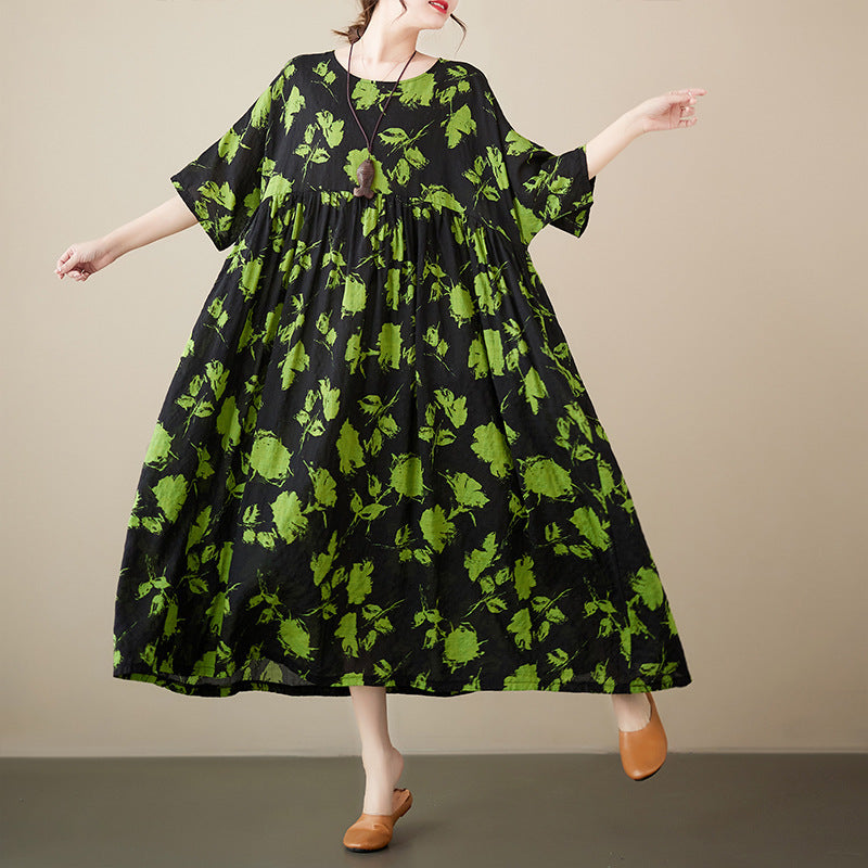 Bohemian Print Short Sleeve Round Neck Midi Dress