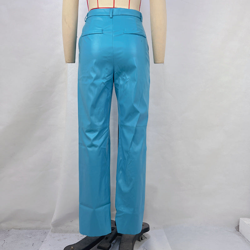 Autumn fashion PU leather mid-high waist hip lifting straight women's casual pants length leather pants