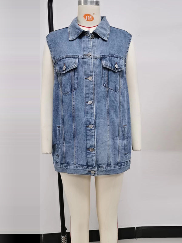 Loose Sleeveless Buttoned Drawstring Pockets Split-Joint Polo Vest Outerwear