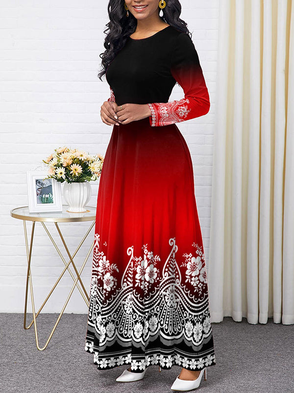 Long Sleeves Contrast Color Floral Printed Round-neck Maxi Dresses