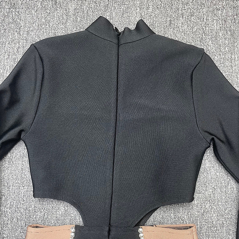 Bandage women's round neck long sleeve sexy cutout diamond color matching tight bandage one-piece dress evening dress