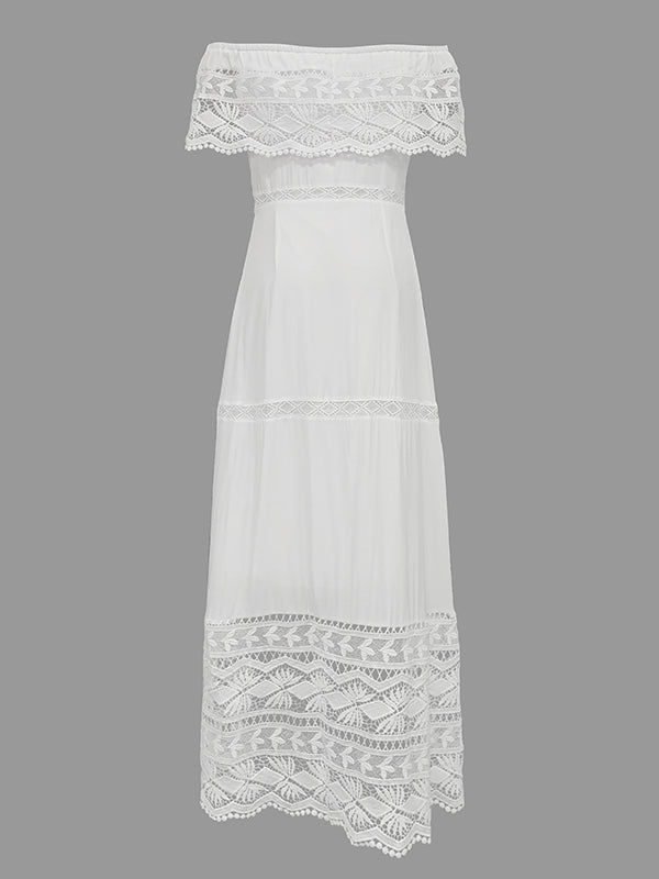 High Waisted Short Sleeves Hollow Solid Color Split-Joint Off-The-Shoulder Maxi Dresses