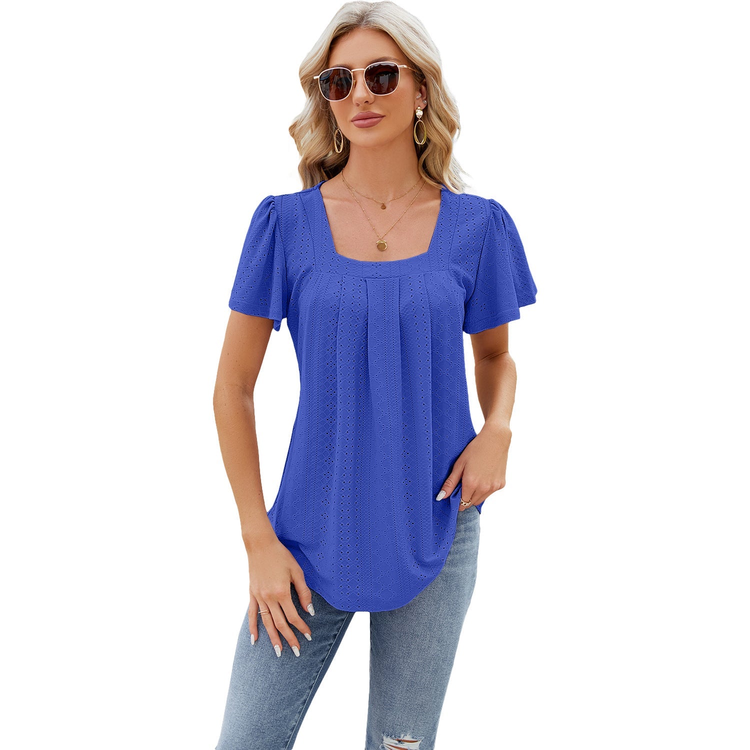 Pleated hollow square collar jacquard short sleeved tailcoat t-shirt