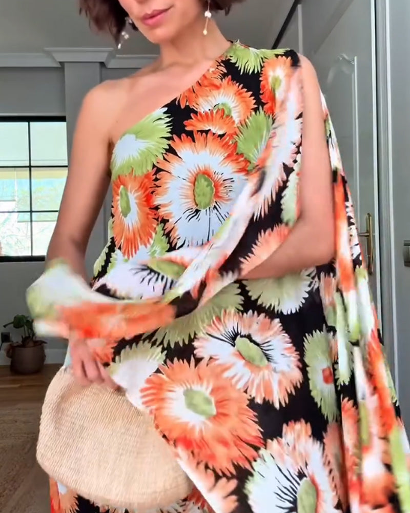 Elegant Slanted Shoulder Floral Dress