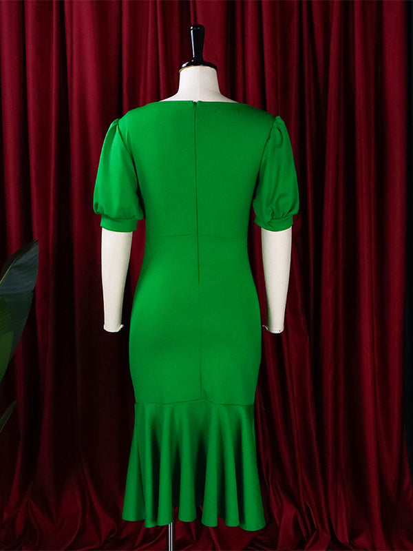 Bodycon Mermaid Pleated Solid Color Zipper V-Neck Midi Dresses