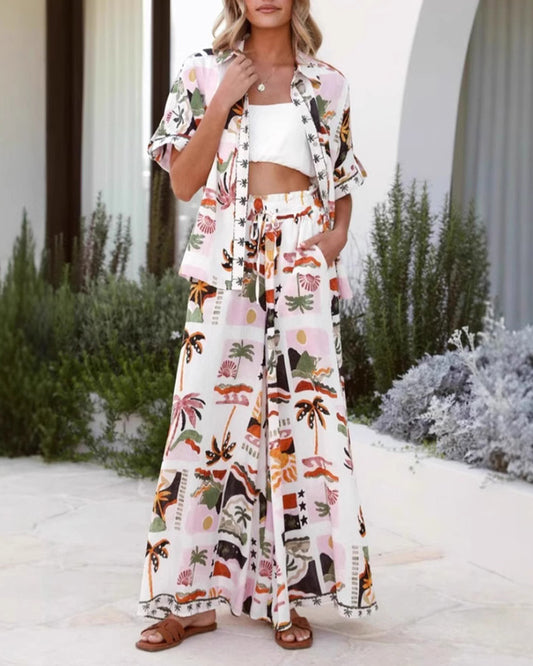 Holiday Print Short Sleeve Shirt Trousers Suit