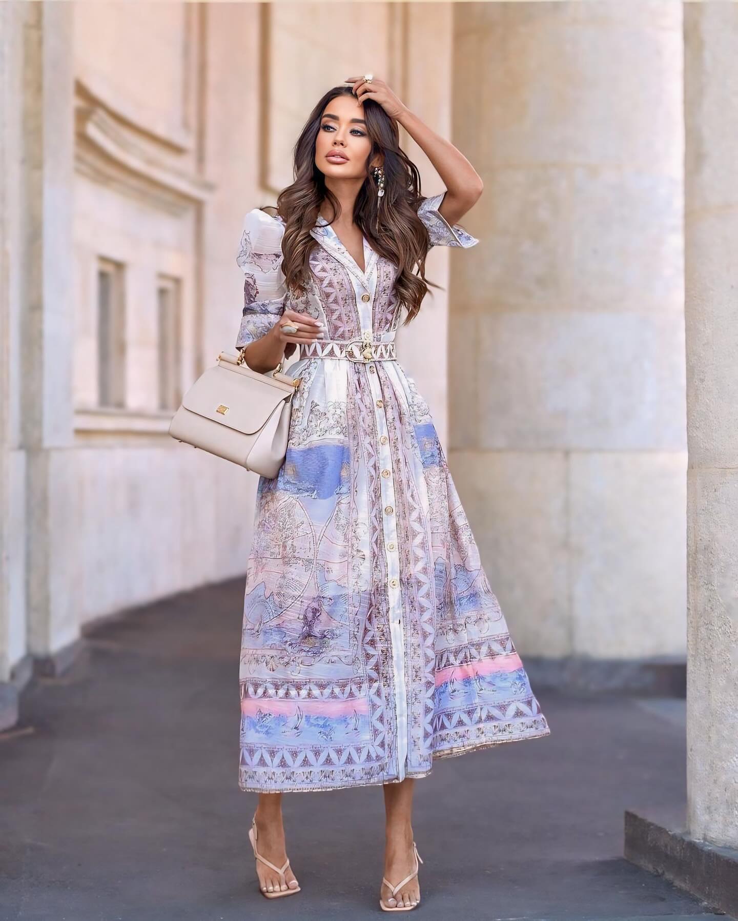 Ladies' boho print split V-neck sexy dress