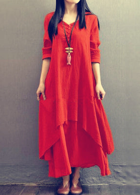 Literary Linen Fake Two Piece Long Sleeve Dress