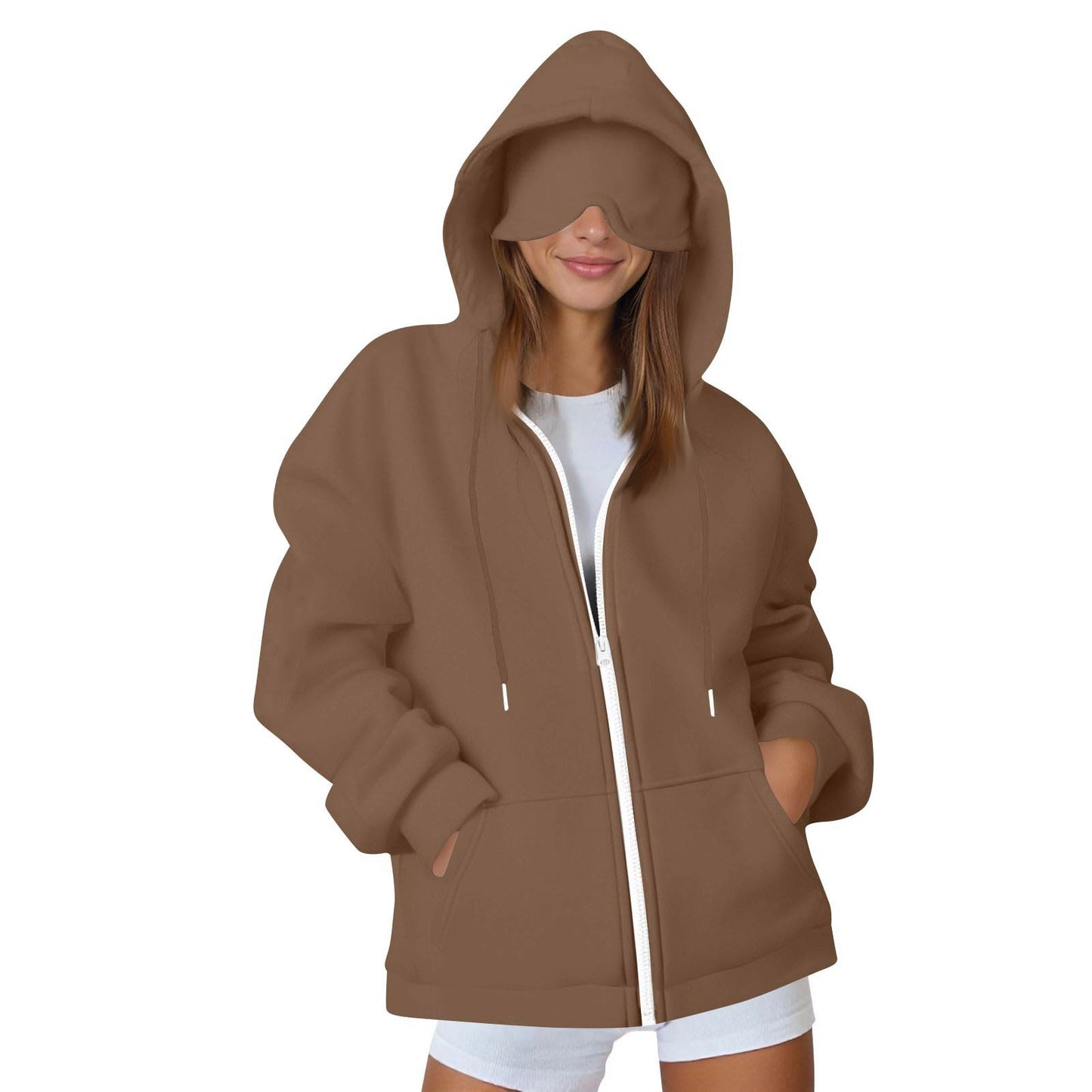 2025 European and American solid color women's autumn and winter hooded cardigan with eye patch zipper sweater