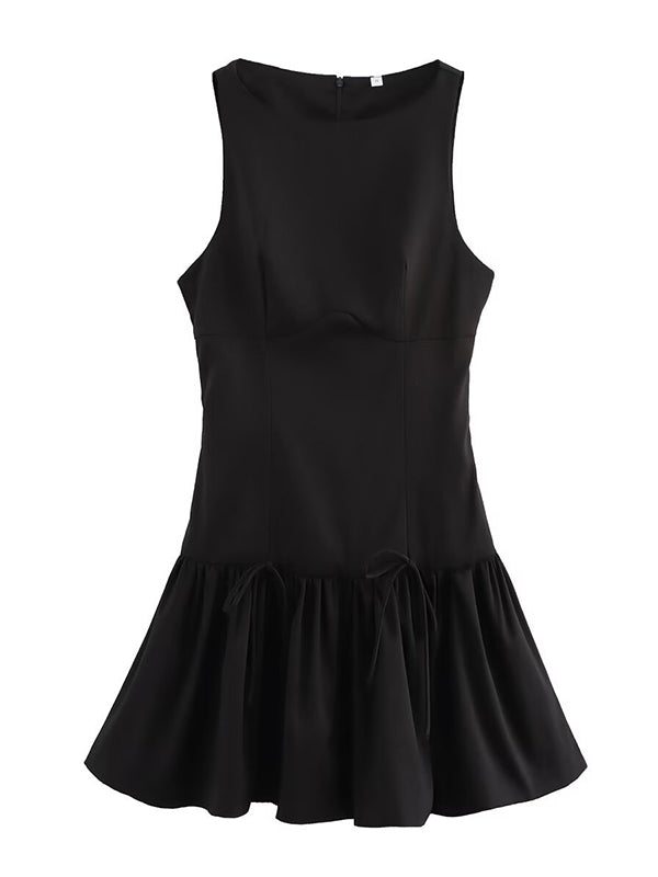 A-Line Loose Pleated Solid Color Split-Joint Zipper Round-Neck Mini Dresses