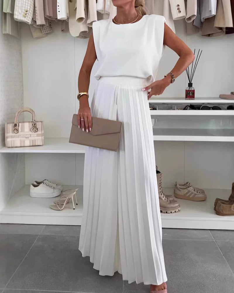 Round Neck Sleeveless Top Wide Leg Pants Set