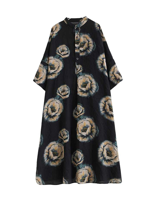 Loose Three-quarter Sleeves Buttoned Flower Print Stand Collar Midi Dresses