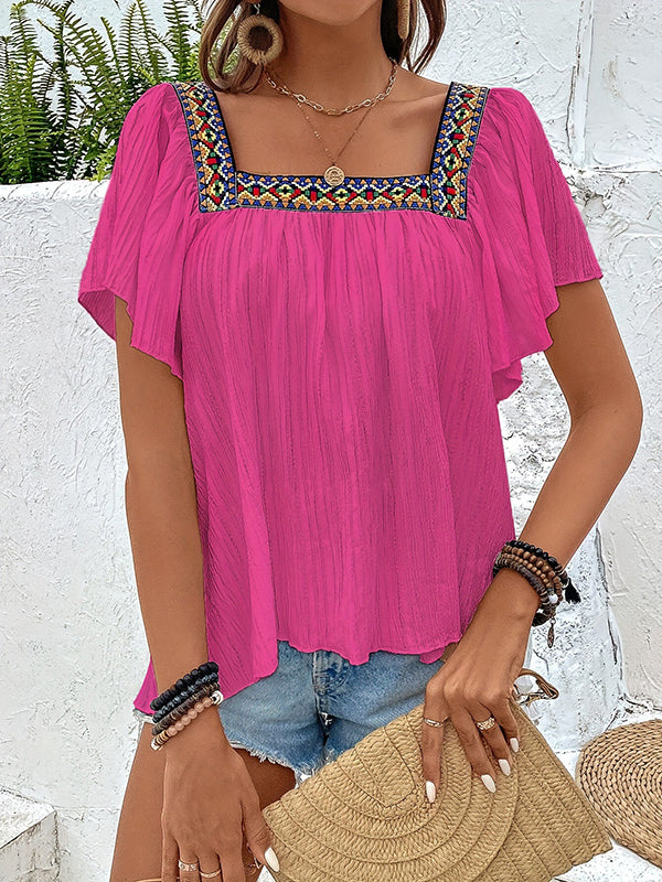 High-Low Loose Embroidered Pleated Square-Neck T-Shirts Tops