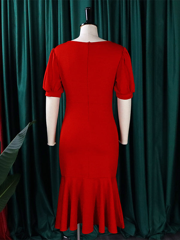 Bodycon Mermaid Pleated Solid Color Zipper V-Neck Midi Dresses