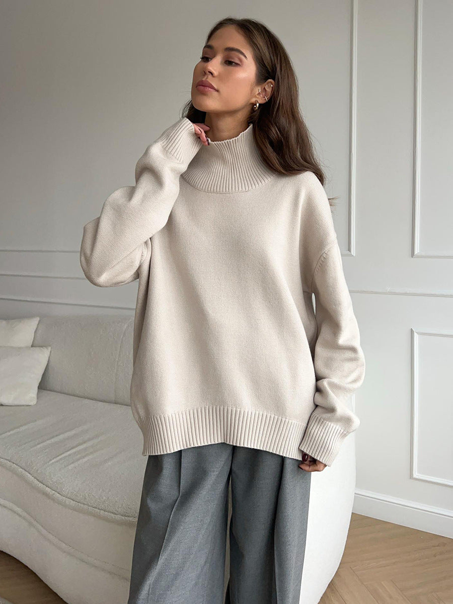 Autumn and Winter solid color simple loose high collar solid color knitted sweater for women