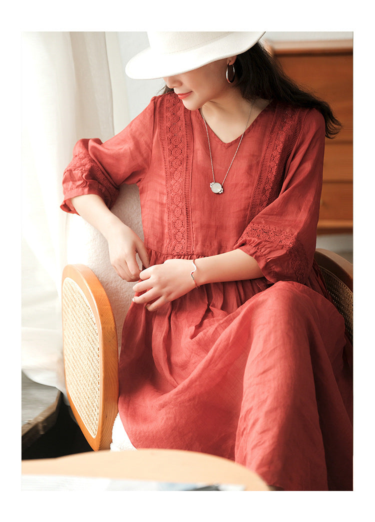 Literary Simple Seven-quarter Sleeve Lace-up Maxi Dress