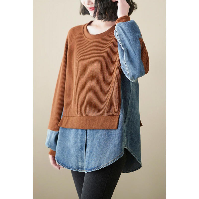 Loose Splicing Round Neck Long Sleeve Fake Two Pieces Sweater
