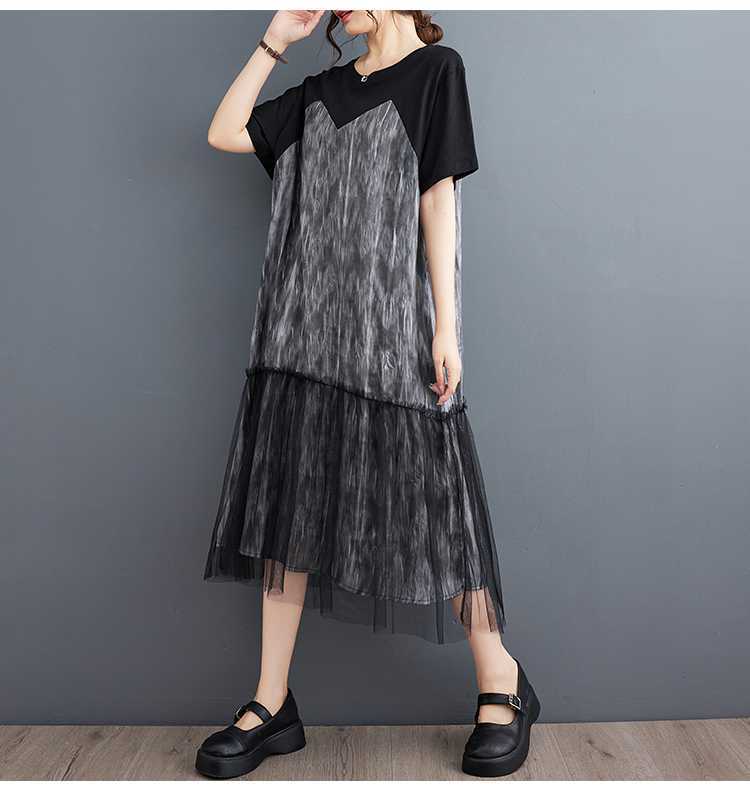Literary Mesh Splicing Short Sleeve Midi Dress