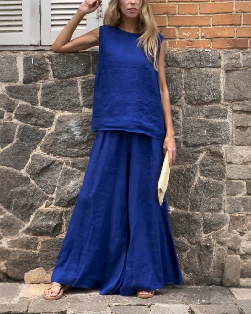 Two-piece Loose Solid Color Sleeveless Pants Set