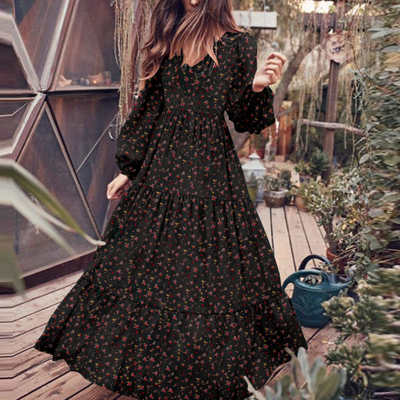Bohemia Printed Long Sleeve V-Neck Maxi Dress