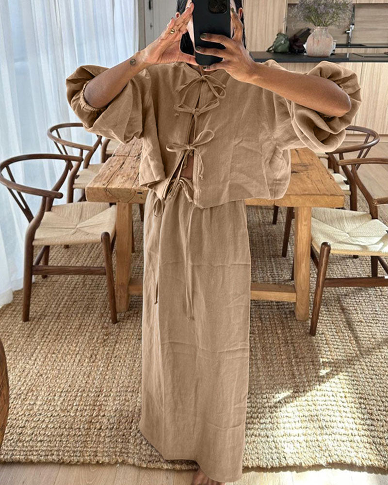 Retro puff sleeve two piece set