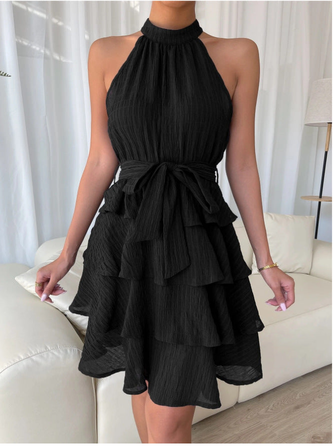 Elegant Hanging Neck Sleeveless Mini Dress
