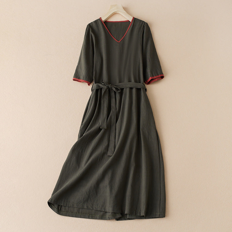 Literary cotton and linen tie dress