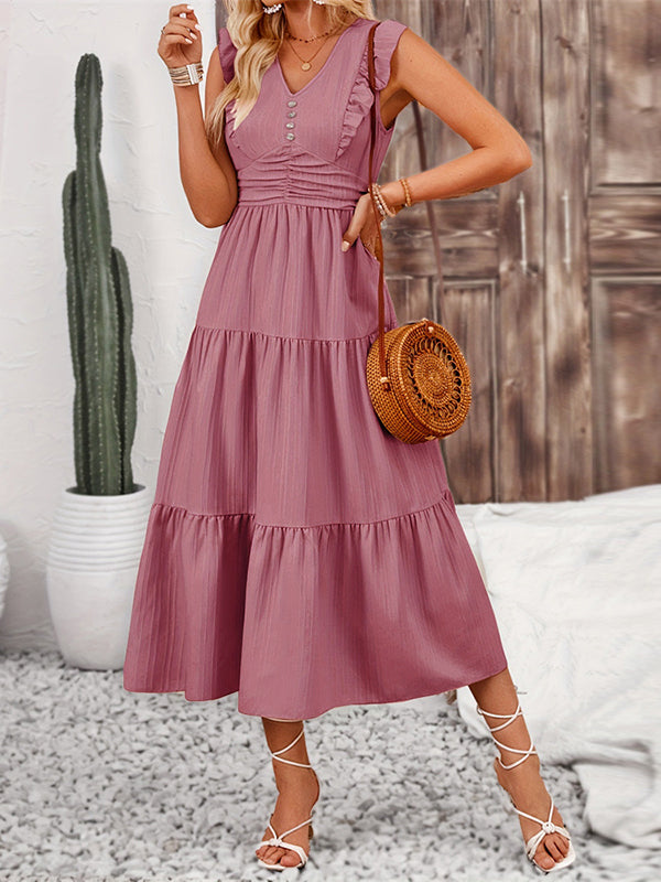 A-Line Pleated Ruffled Solid Color Split-Joint V-Neck Midi Dresses