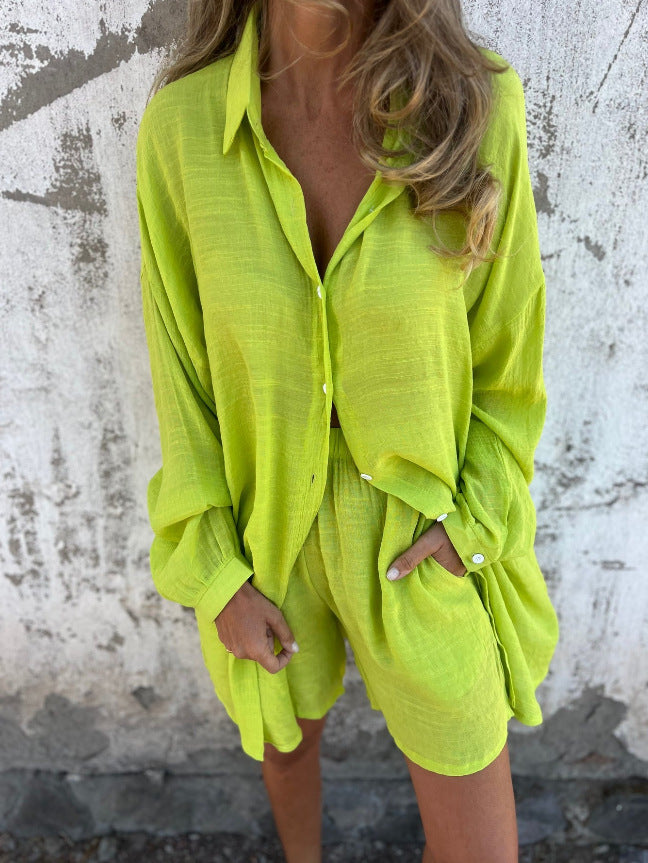 Casual Solid Color Shorts Long Sleeve Wrinkled Cloth Shirt Two-Piece Set