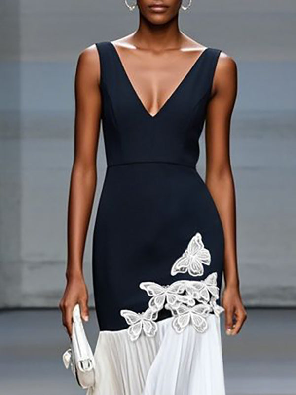 Bodycon High Waisted Butterfly Pleated V-Neck Maxi Dresses