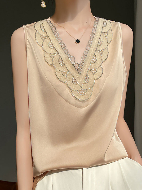 Loose Plus Size Beaded Split-Joint V-Neck Vest Top