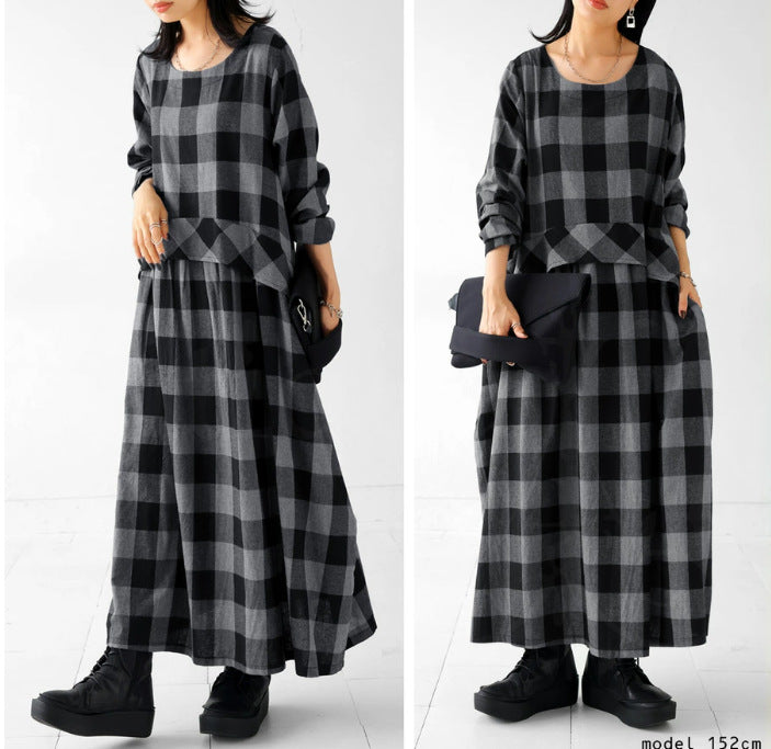Vintage Plaid Long Sleeve Maxi Dress