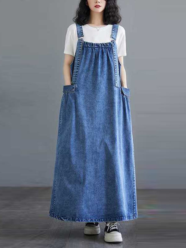 A-Line Loose Pleated Pockets Split-Joint Spaghetti-Neck Maxi Dresses Suspender Dress