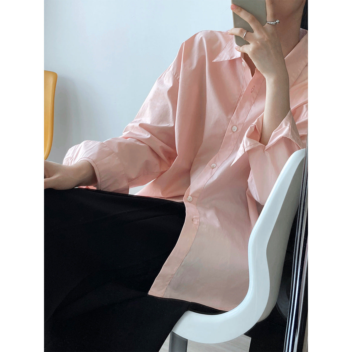 Simple Loose Solid Color Long Sleeve Shirt