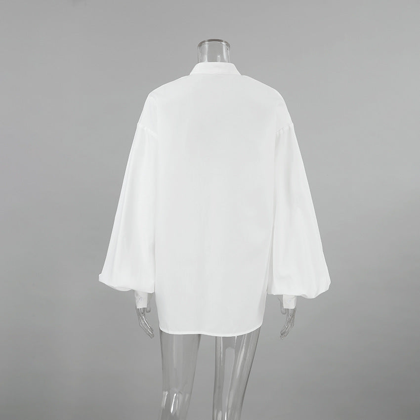 Minimalist Solid Color Lantern Sleeve Lapel Shirt