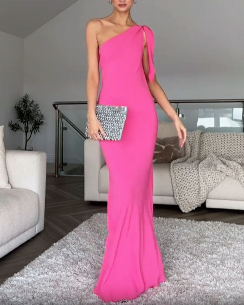 Elegant Solid Shoulder Lace-Up Dress