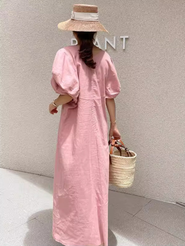 Vintage Lantern Sleeve Round Neck Cotton Linen Maxi Dress