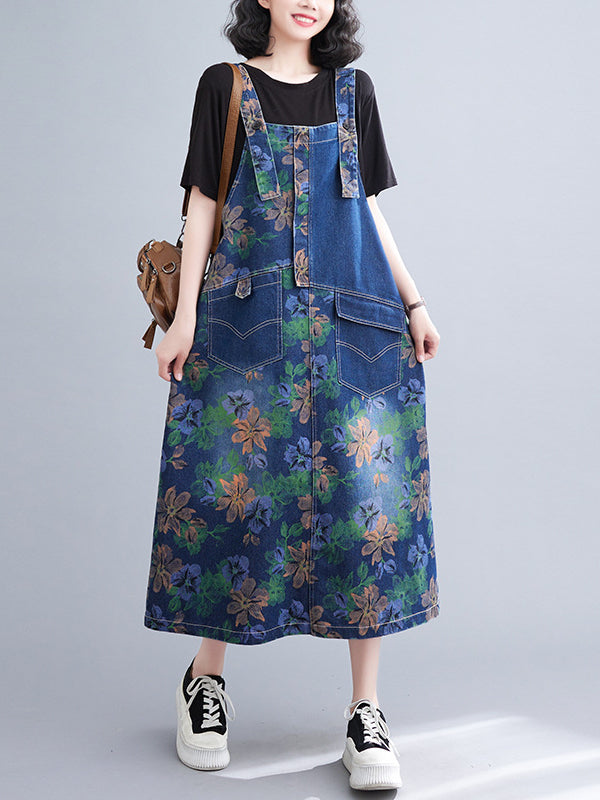 Literary Print Splicing Denim Suspender Midi Dress